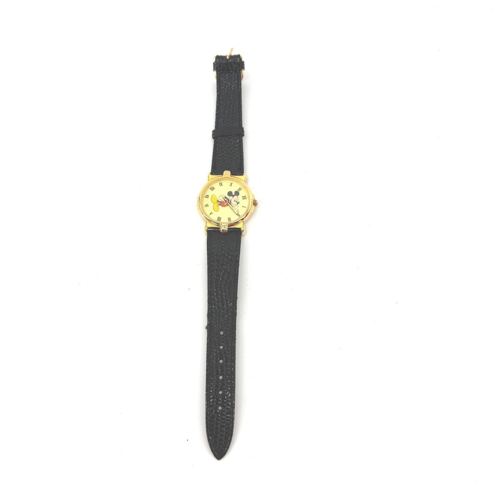 Disney Mickey Mouse Watch Vintage Gold Black Leather Strap 061-61231 Vintage